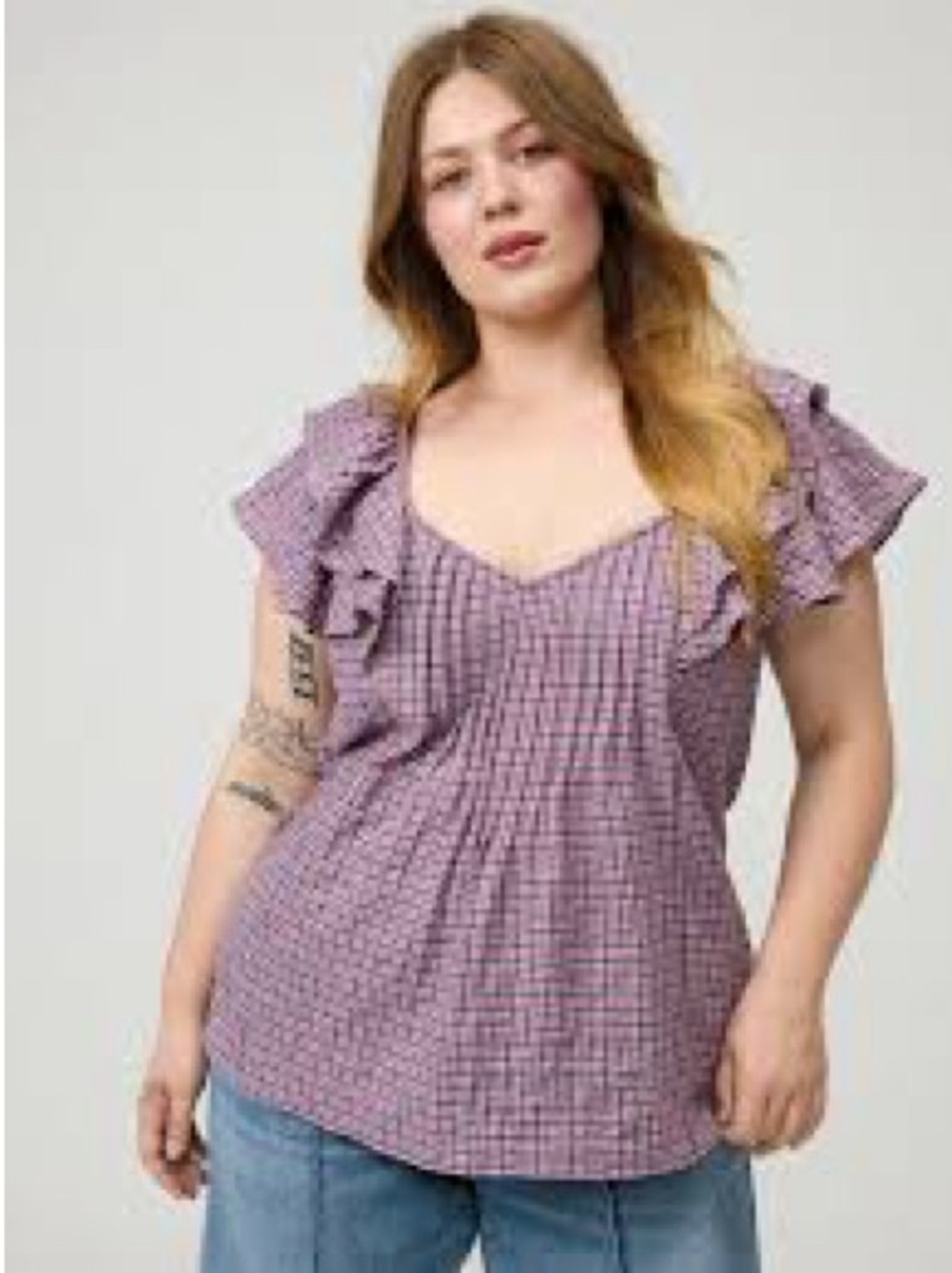 torrid Lavender Gingham Ruffle Sleeve V-Neck Top